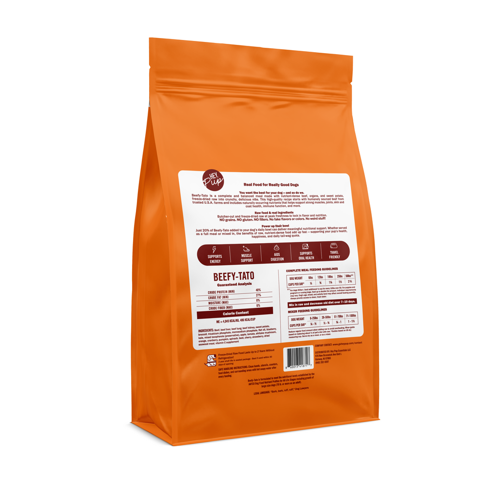 Detailed feeding guide and guaranteed analysis for Beefy-Tato raw meals, showing high protein levels and calorie counts per cup