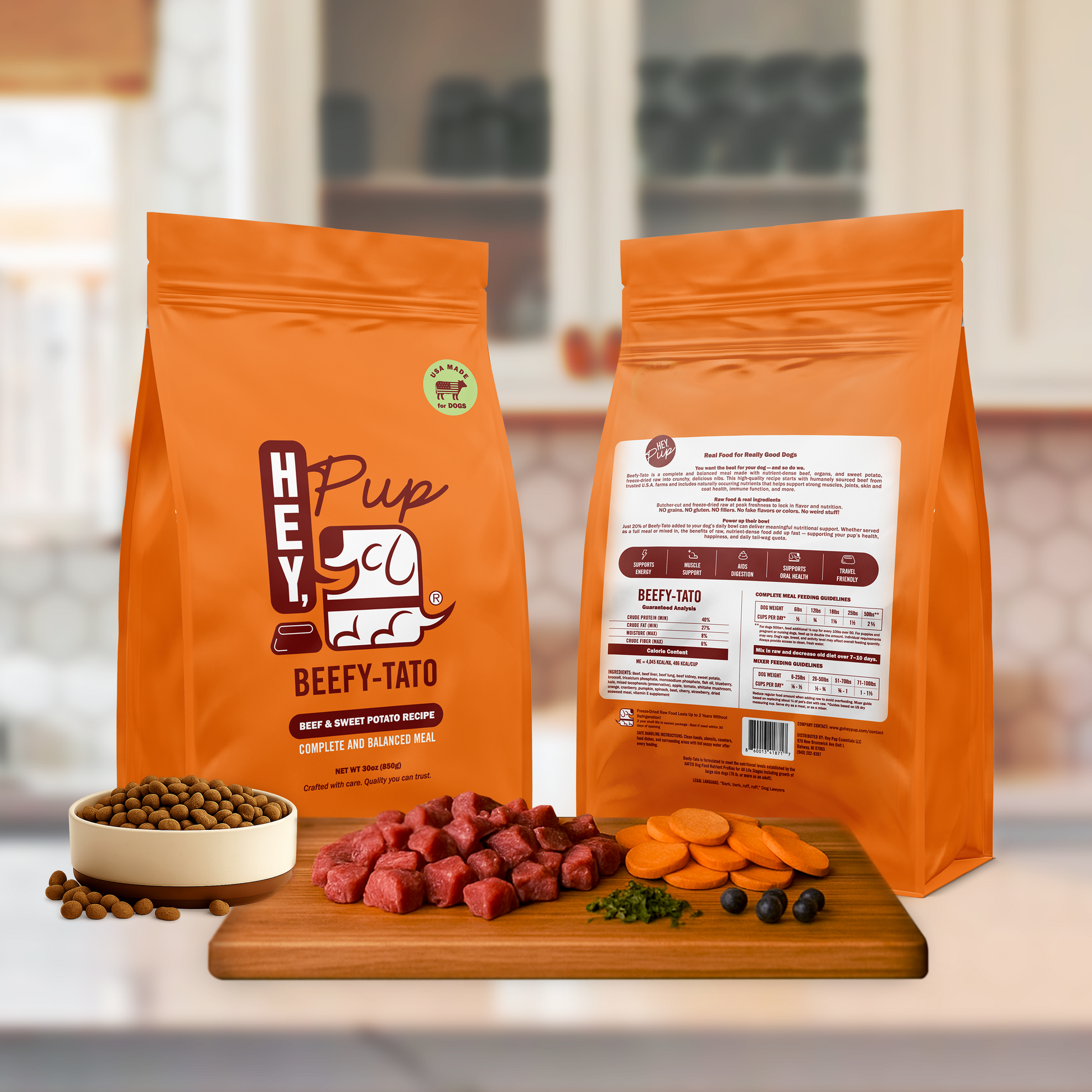 HeyPup! Beefy-Tato: 100% USA butcher-cut beef and sweet potato freeze-dried raw dog food. A nutrient-dense kibble alternative.