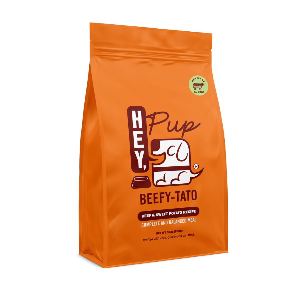 HeyPup! Beefy-Tato: 100% USA butcher-cut beef and sweet potato freeze-dried raw dog food. A nutrient-dense kibble alternative.